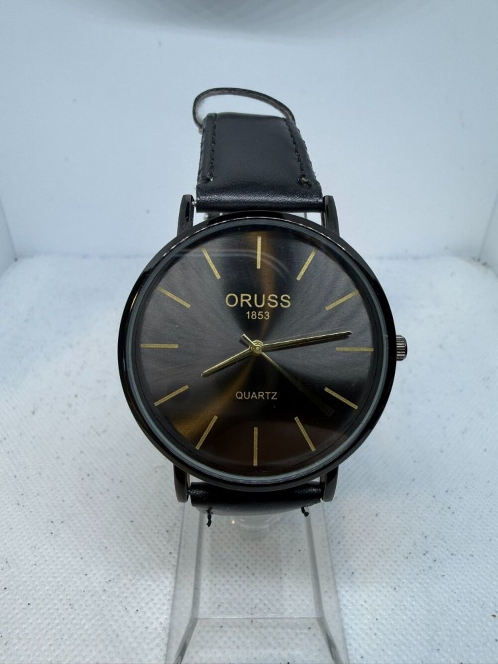 Oruss 1853 Mens Black Dial Gold Tone Hands Leather Strap Watch 38mm Black Dial
